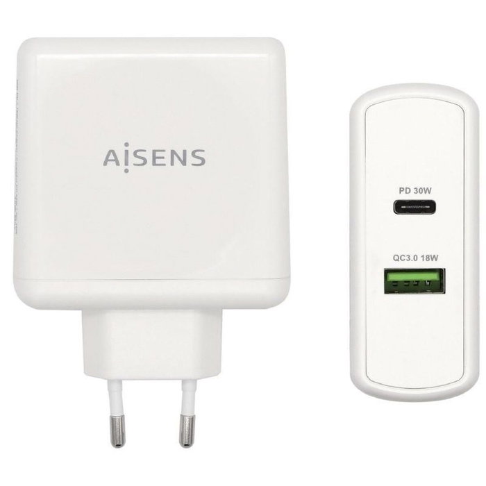 Aisens Cargador 48W con USB-C PD3.0 30W y USB-A QC3.0 18W Blanco