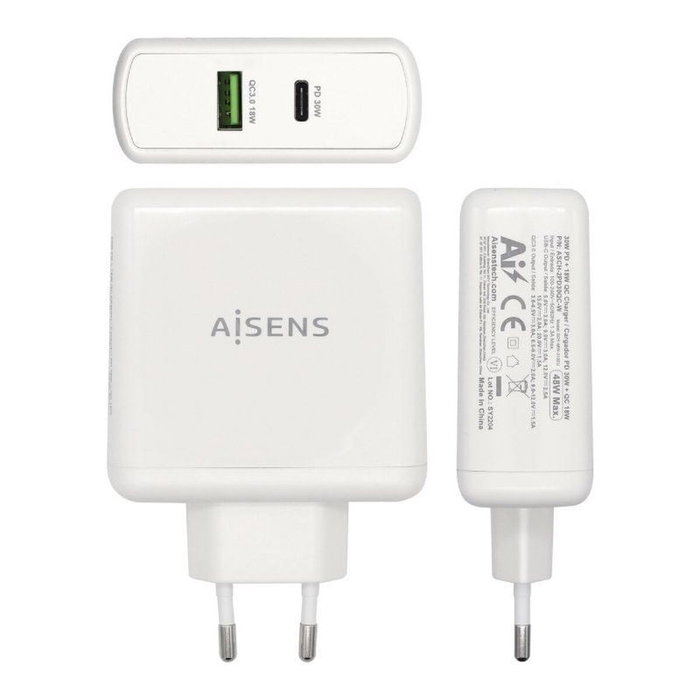Aisens Cargador 48W con USB-C PD3.0 30W y USB-A QC3.0 18W Blanco