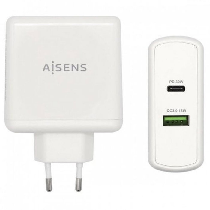 Aisens Cargador 48W con USB-C PD3.0 30W y USB-A QC3.0 18W Blanco
