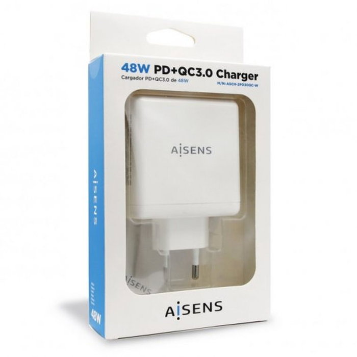 Aisens Cargador 48W con USB-C PD3.0 30W y USB-A QC3.0 18W Blanco