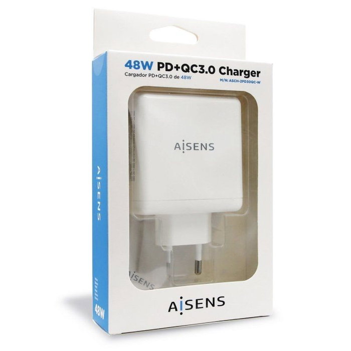Aisens Cargador 48W con USB-C PD3.0 30W y USB-A QC3.0 18W Blanco