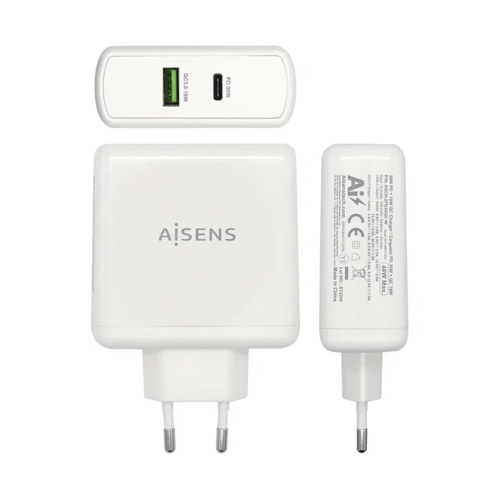 Aisens Cargador 48W con USB-C PD3.0 30W y USB-A QC3.0 18W Blanco Aisens Cargador 48W con USB-C PD3.0 30W y USB-A QC3.0 18W Blanco