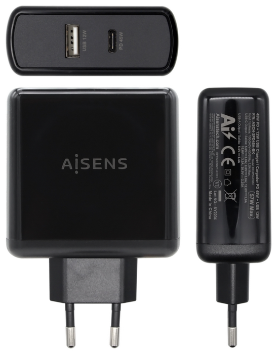 Aisens Cargador 57W con USB-C PD 45W y USB-A 12W ASCH-2PD45A-BK Negro
