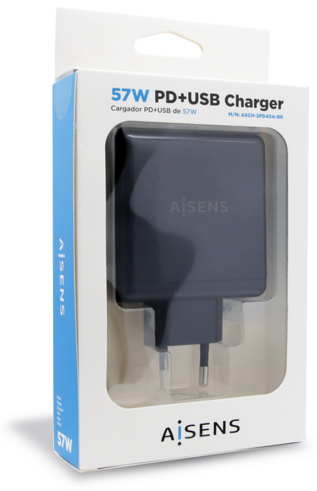 Aisens Cargador 57W con USB-C PD 45W y USB-A 12W ASCH-2PD45A-BK Negro