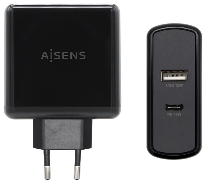 Aisens Cargador 57W con USB-C PD 45W y USB-A 12W ASCH-2PD45A-BK Negro