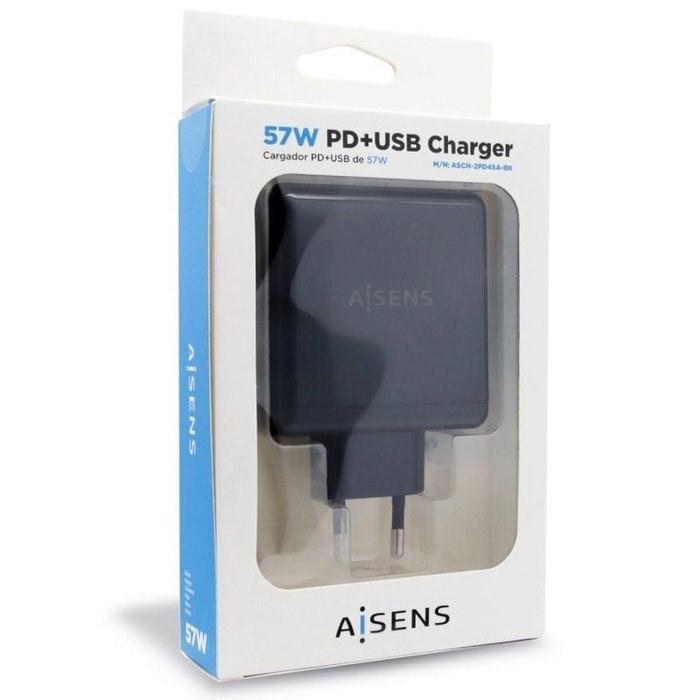 Aisens Cargador 57W con USB-C PD 45W y USB-A 12W ASCH-2PD45A-BK Negro
