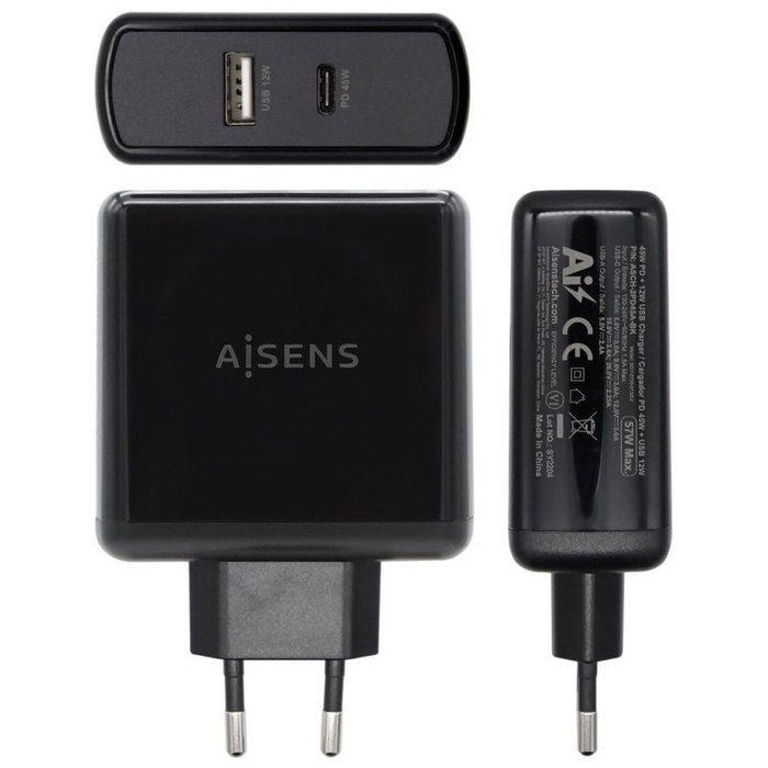 Aisens Cargador 57W con USB-C PD 45W y USB-A 12W ASCH-2PD45A-BK Negro
