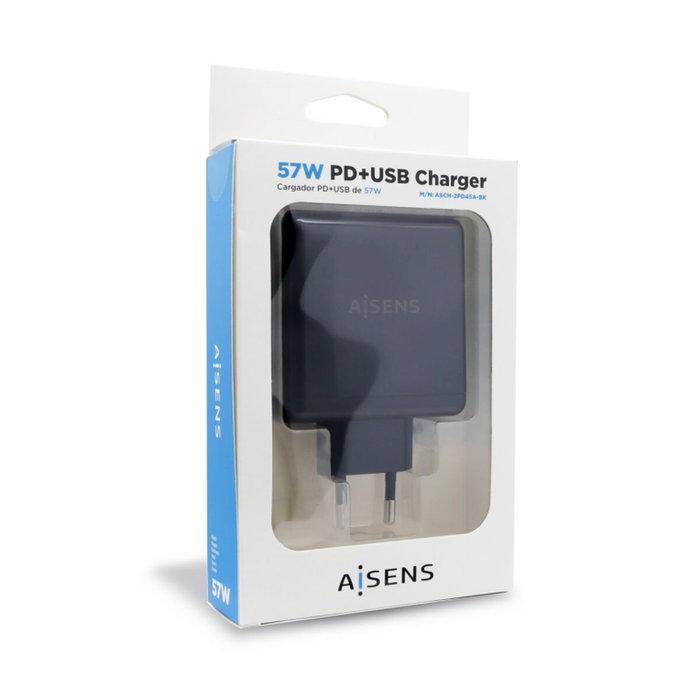 Aisens Cargador 57W con USB-C PD 45W y USB-A 12W ASCH-2PD45A-BK Negro