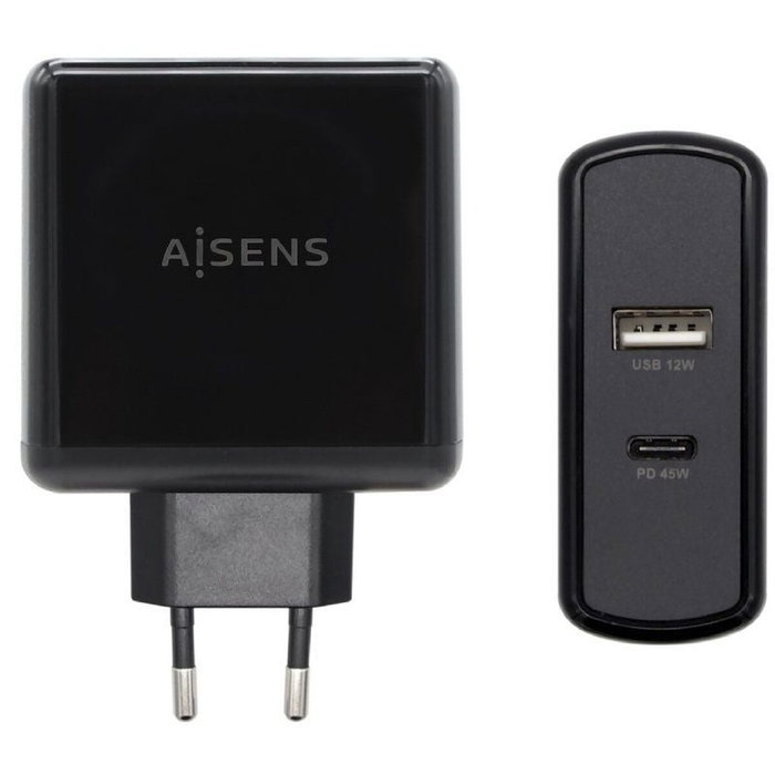 Aisens Cargador 57W con USB-C PD 45W y USB-A 12W ASCH-2PD45A-BK Negro