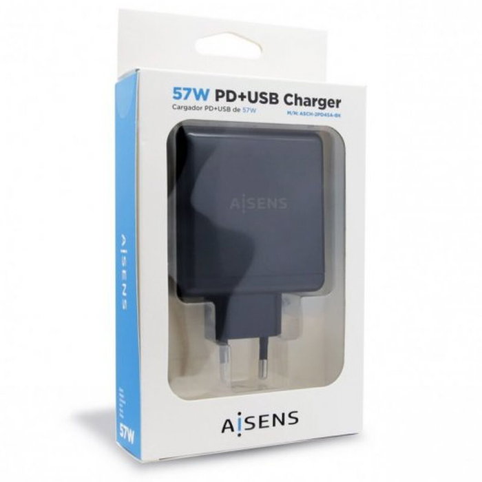 Aisens Cargador 57W con USB-C PD 45W y USB-A 12W ASCH-2PD45A-BK Negro