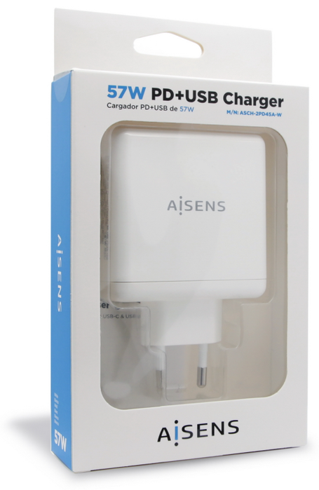 Aisens Cargador de Pared 57W con 1 Puerto USB-C PD 3.0 (45W) y 1 Puerto USB-A (12W) para Smartphone