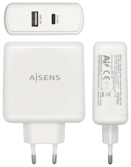 Aisens Cargador de Pared 57W con 1 Puerto USB-C PD 3.0 (45W) y 1 Puerto USB-A (12W) para Smartphone