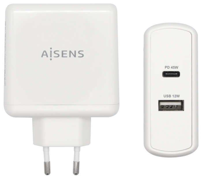 Aisens Cargador de Pared 57W con 1 Puerto USB-C PD 3.0 (45W) y 1 Puerto USB-A (12W) para Smartphone