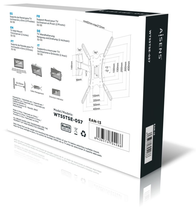 Aisens Soporte ECO Giratorio e Inclinable para TV/Monitor 32-55 pulgadas, 30kg, Negro