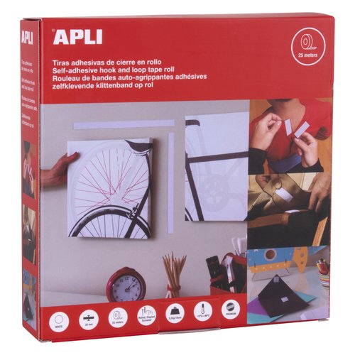 Apli Cinta de Gancho y Bucle Adhesiva tipo Velcro, 20 mm x 25 m, Blanco