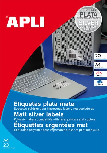Apli Etiquetas de Poliéster Blanco Mate 210x297 mm, 20 Hojas