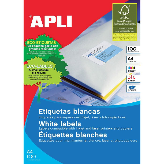 Apli Etiquetas Adhesivas Blancas 210x148mm 100 Hojas (200 Unidades) Apli Etiquetas Adhesivas Blancas 210x148mm 100 Hojas (200 Unidades)