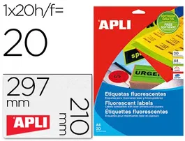 Apli Etiqueta Adhesiva 02879 210x297 mm Fluorescente Naranja DIN A4 Láser Caja 20 Hojas