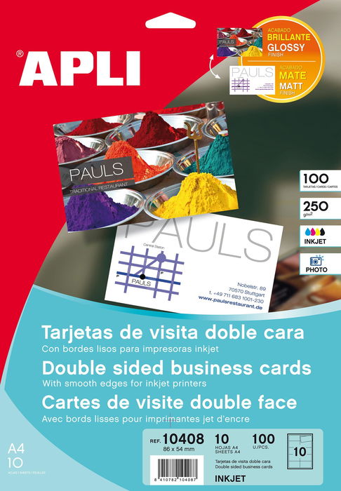 Apli Tarjetas de Visita Doble Cara Blancas para Inkjet, Láser y Fotocopiadoras - Microperforadas 250 gr - 210 x 297 mm Apli Tarjetas de Visita Doble Cara Blancas para Inkjet, Láser y Fotocopiadoras - Microperforadas 250 gr - 210 x 297 mm