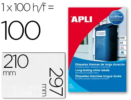 Apli Etiquetas Adhesivas de Poliéster Blanco Resistentes a la Intemperie 210x297 mm Apli Etiquetas Adhesivas de Poliéster Blanco Resistentes a la Intemperie 210x297 mm