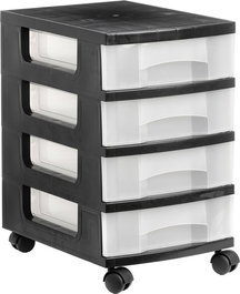 Archivo 2000 Cajonera 2000 con 4 cajones de 6 litros, transparente, carcasa negra, ruedas, 390x290x480 mm