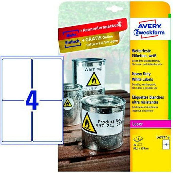 Avery Etiquetas de Poliéster Blanco 99,1x139 mm para Impresora Láser Avery Etiquetas de Poliéster Blanco 99,1x139 mm para Impresora Láser