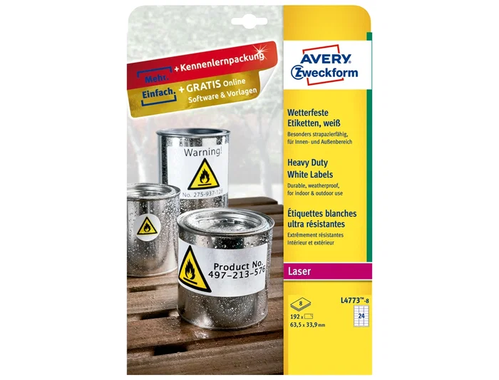 Avery Etiquetas Poliéster Blanco 99,1x139 mm para Impresora Láser Pack 32 Unidades Resistentes