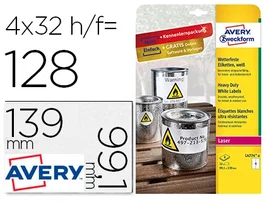 Avery Etiquetas Poliéster Blanco 99,1x139 mm para Impresora Láser Pack 32 Unidades Resistentes