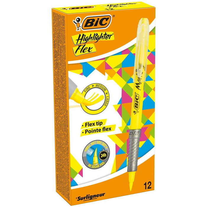 Bic Marcador Fluorescente Highlighter Flex Punta Pincel Amarillo Caja 12 Ud