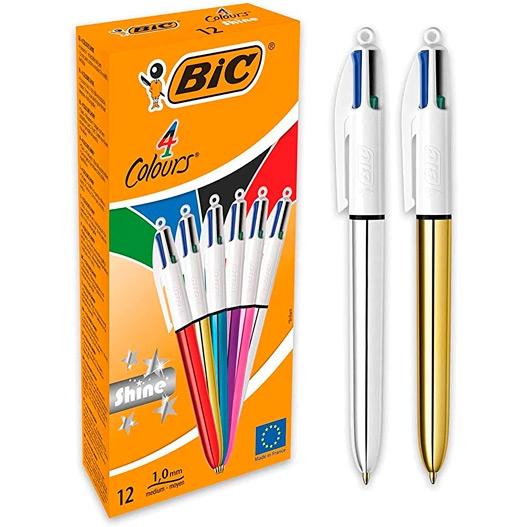 Bic Bolígrafo 4 Colores Shine Silver Cuerpo Blanco, Tinta Azul Negro Rojo Verde - Surtido Metálico Caja 12 Unidades Bic Bolígrafo 4 Colores Shine Silver Cuerpo Blanco, Tinta Azul Negro Rojo Verde - Surtido Metálico Caja 12 Unidades