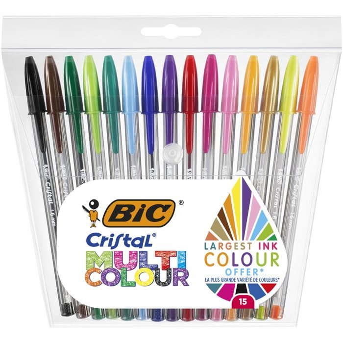 Bic Bolígrafo Cristal Multicolour, Pack de 15 Unidades, Colores Surtidos