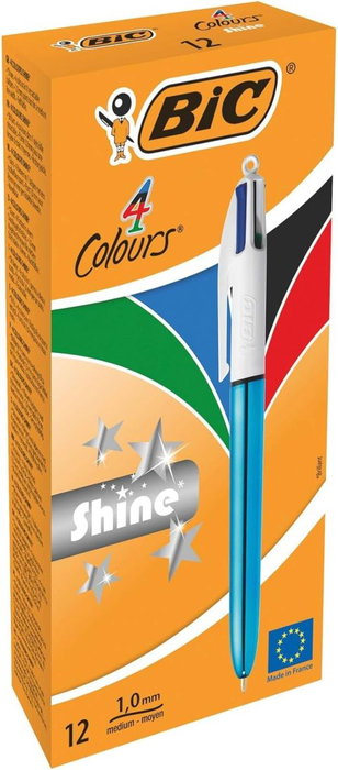 BIC Bolígrafo 4 Colores Shine Silver Cuerpo Blanco/Azul Metálico Caja 12 UD