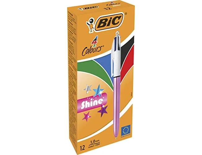BIC Bolígrafo 4 Colores Shine Rosa Metálico, Punta 1 mm (Caja de 12 unidades)