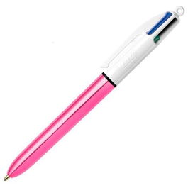 Bic Bolígrafo 4 Colores Shine Silver Cuerpo Blanco-Rosa Metálico - Tinta Azul, Negro, Rojo y Verde, Caja 12 Unidades