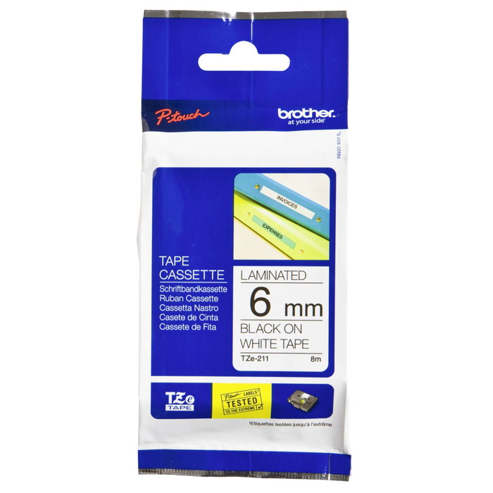 Brother Cinta Laminada TZe-211 Negro sobre Blanco 6mm x 8m