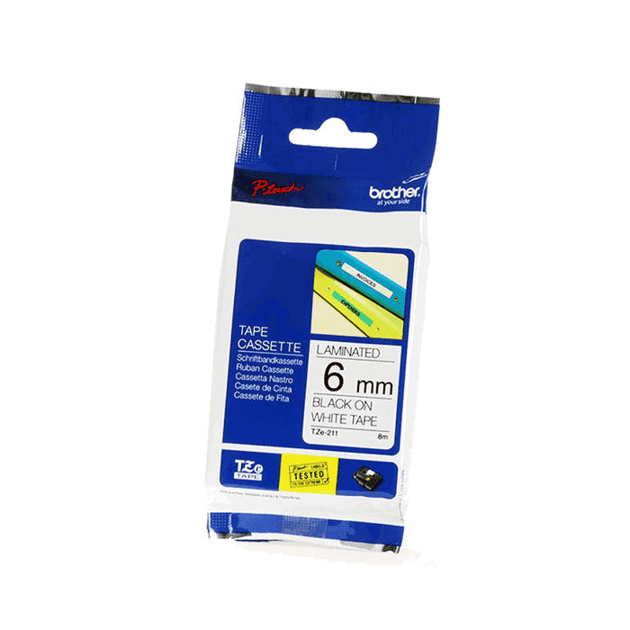Brother TZe-211 Cinta laminada 6mm x 8m Negro sobre Blanco