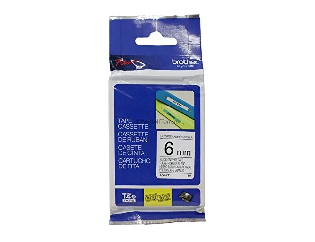 Brother Cinta Laminada TZe-211 Negro sobre Blanco 6mm x 8m