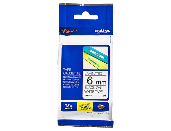 Brother TZe-211 Cinta laminada 6mm x 8m Negro sobre Blanco