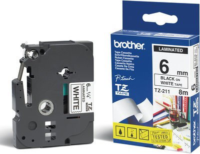 Brother TZe-211 Cinta laminada 6mm x 8m Negro sobre Blanco