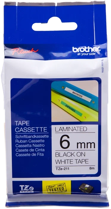 Brother Cinta Laminada TZe-211 Negro sobre Blanco 6mm x 8m