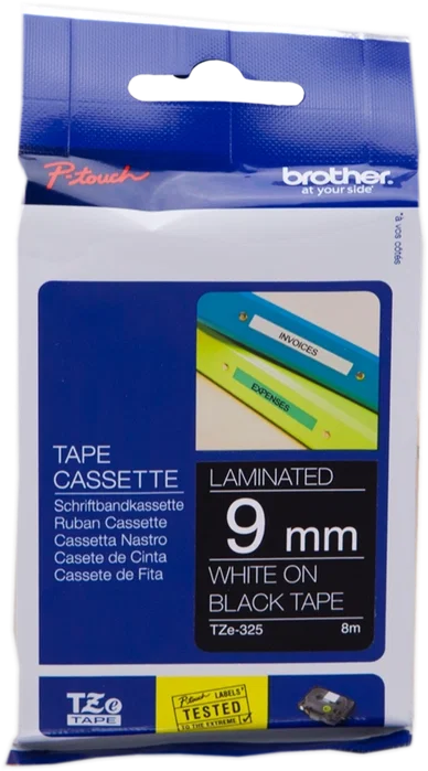 Brother TZe-325 Cinta Laminada Blanco sobre Negro 9mm x 8m