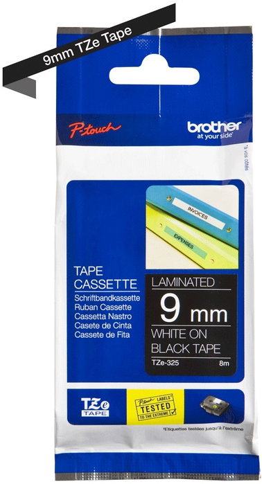 Brother TZe-325 Cinta Laminada 9mm x 8m Blanco sobre Negro