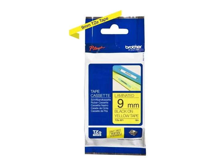 Brother TZe-621 Cinta de Rotular Laminada Negro sobre Amarillo 9mm x 8m