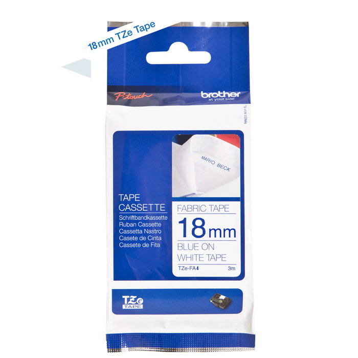 Brother TZe-FA4 Cinta Textil 18 mm x 3 m Azul sobre Blanco