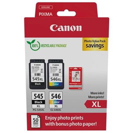 Canon PG 545XL + CL 546XL Ecopack Tinta Negro y Tricolor con 50 Hojas Papel Fotográfico 10x15 para Pixma TR 4551, 4650, 4651, TS 3350, 3351, 3352, 3355, 3450, 3451, 3452