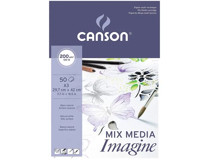 Canson Imagine Bloc Dibujo Multitécnicas Din A3 Encolado Liso 29,7x42 cm 50 Hojas 200 gr/m2
