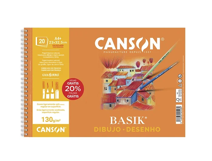 Canson Bloc de Dibujo Basik Espiral A4+ 130g con Recuadro - Pack de 10