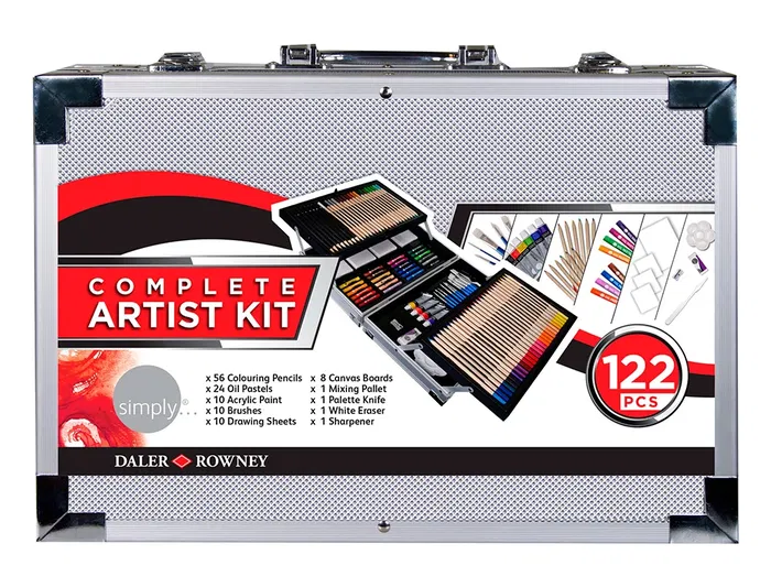 Daler Rowney Maletín Artístico Metálico 122 Piezas con Lápices, Pasteles al Óleo y Acrílicos, Ideal para Artistas y Principiantes