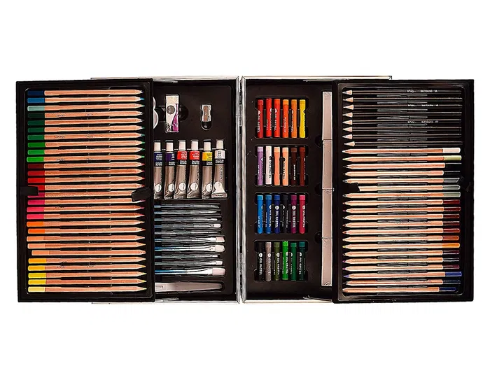 Daler Rowney Maletín Artístico Metálico 122 Piezas con Lápices, Pasteles al Óleo y Acrílicos, Ideal para Artistas y Principiantes