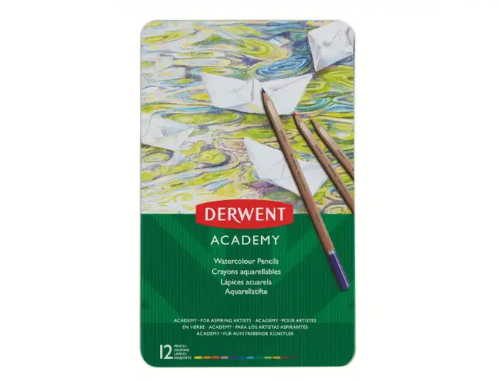Derwent Academy Lápices de Colores Acuarelables Surtidos en Caja Metálica de 12 Unidades